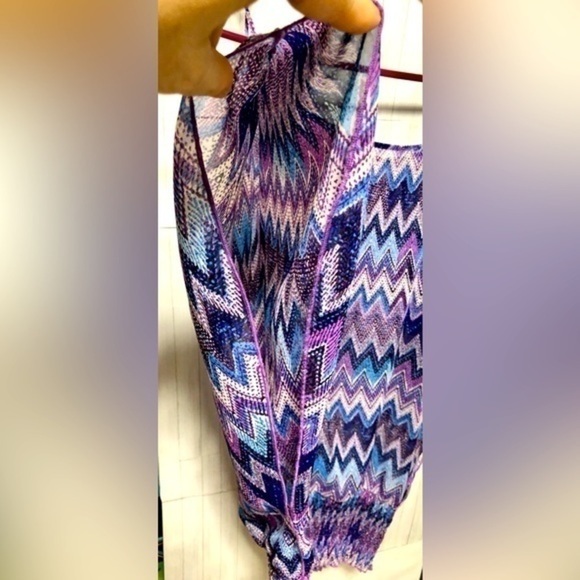 🍉 Myth NYC Purple Blue Chevron Open Shoulder Gathered Waist Shirt - Picture 5 of 11